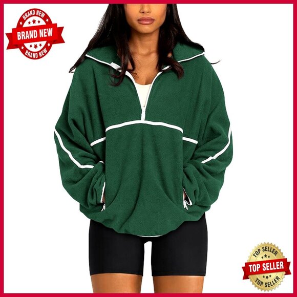Sweaters - Oversized Half Zip Sherpa Fleece Pullover with Pockets